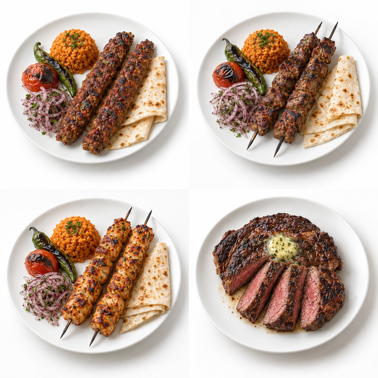 Adana kebap with bulgur, lavash and charred vegetables